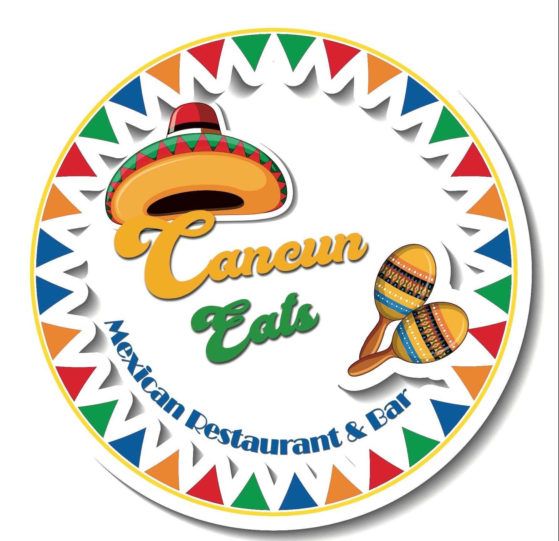 Cancun Eats Mexican Restaurant & Bar badge with sombrero and maracas
