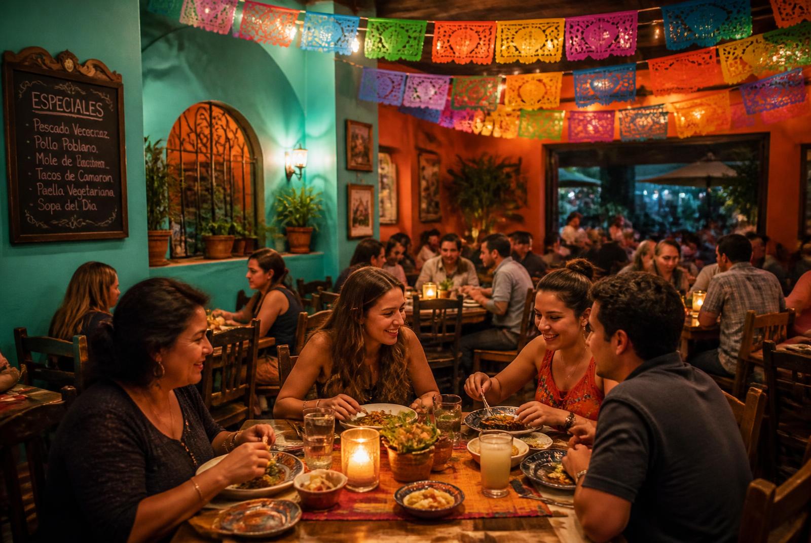 Festive dining room with papel picado bunting and guests sharing Mexican plates at Cancun Eats
